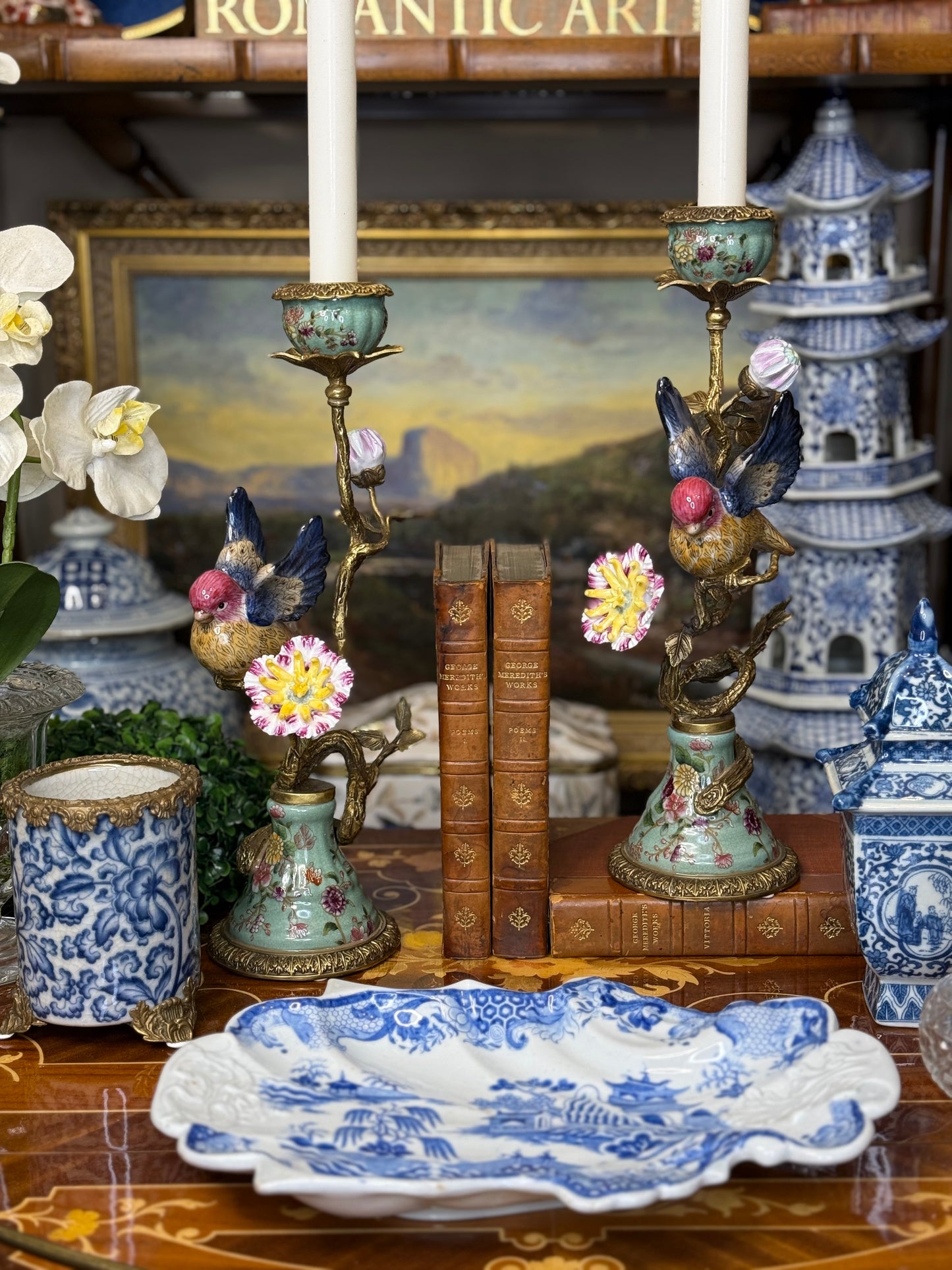 Danny’s Fine Porcelain: 13” Porcelain Bird Candelabra with Bronze Ormolu (Bird Figure Collection)