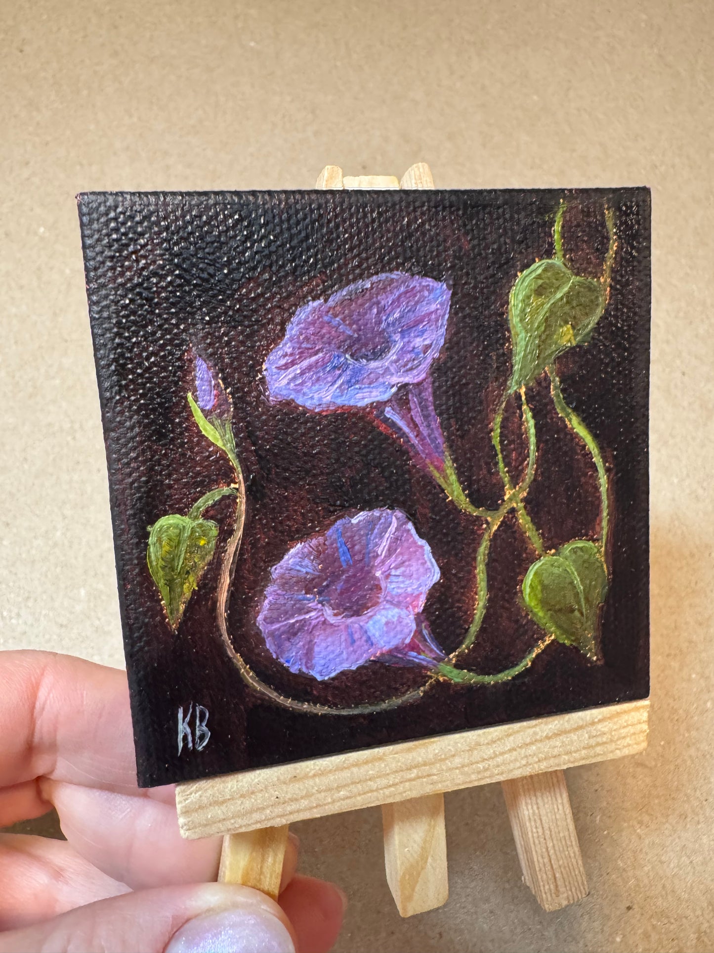 Live 06/19 mini art morning glory original oil paintings on stretched canvas 3x3”