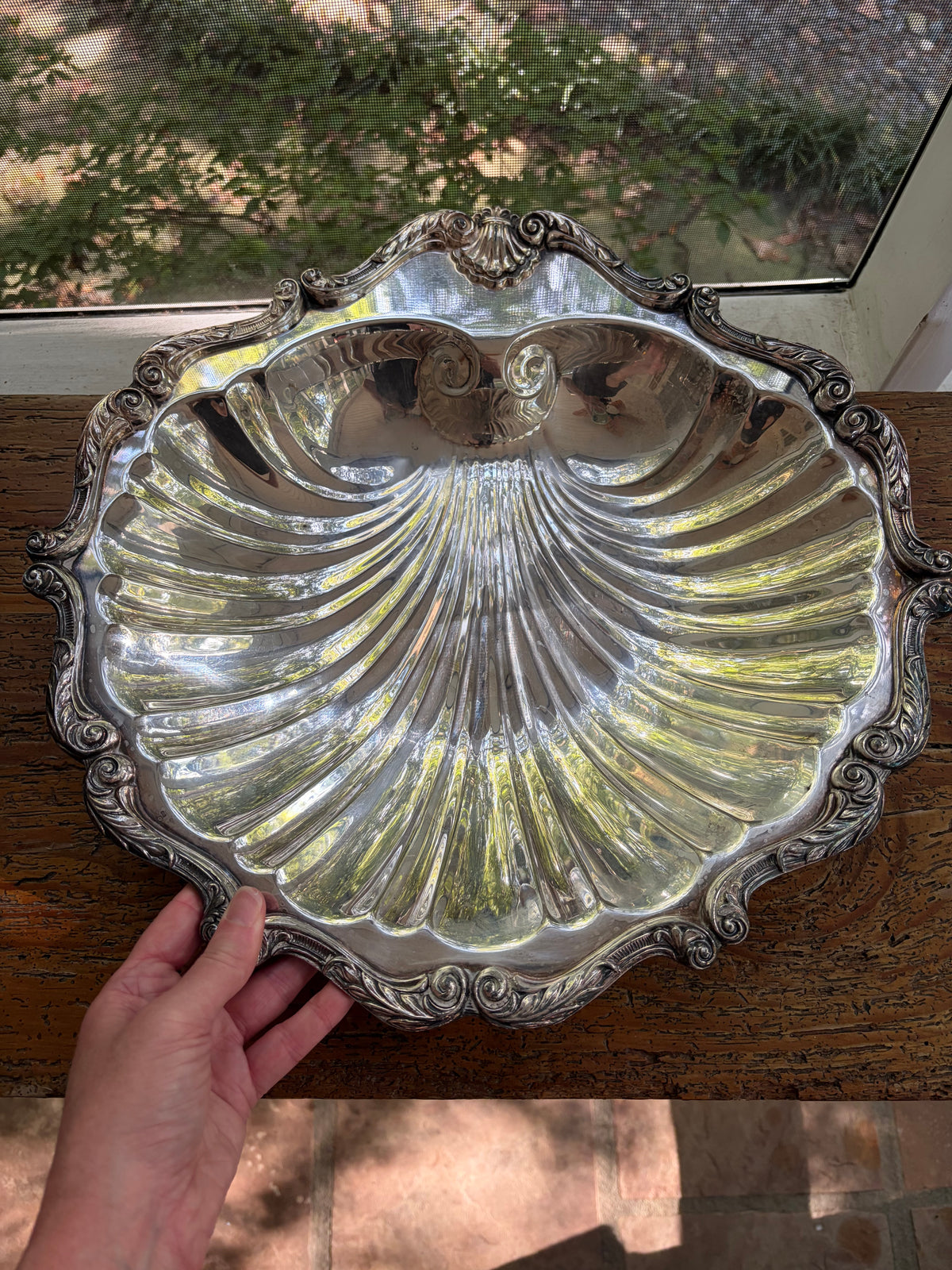 Stunning English silver extra large shell serving platter!