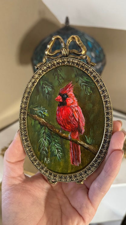 Cardinal bird original oil painting in brass vintage bow frame