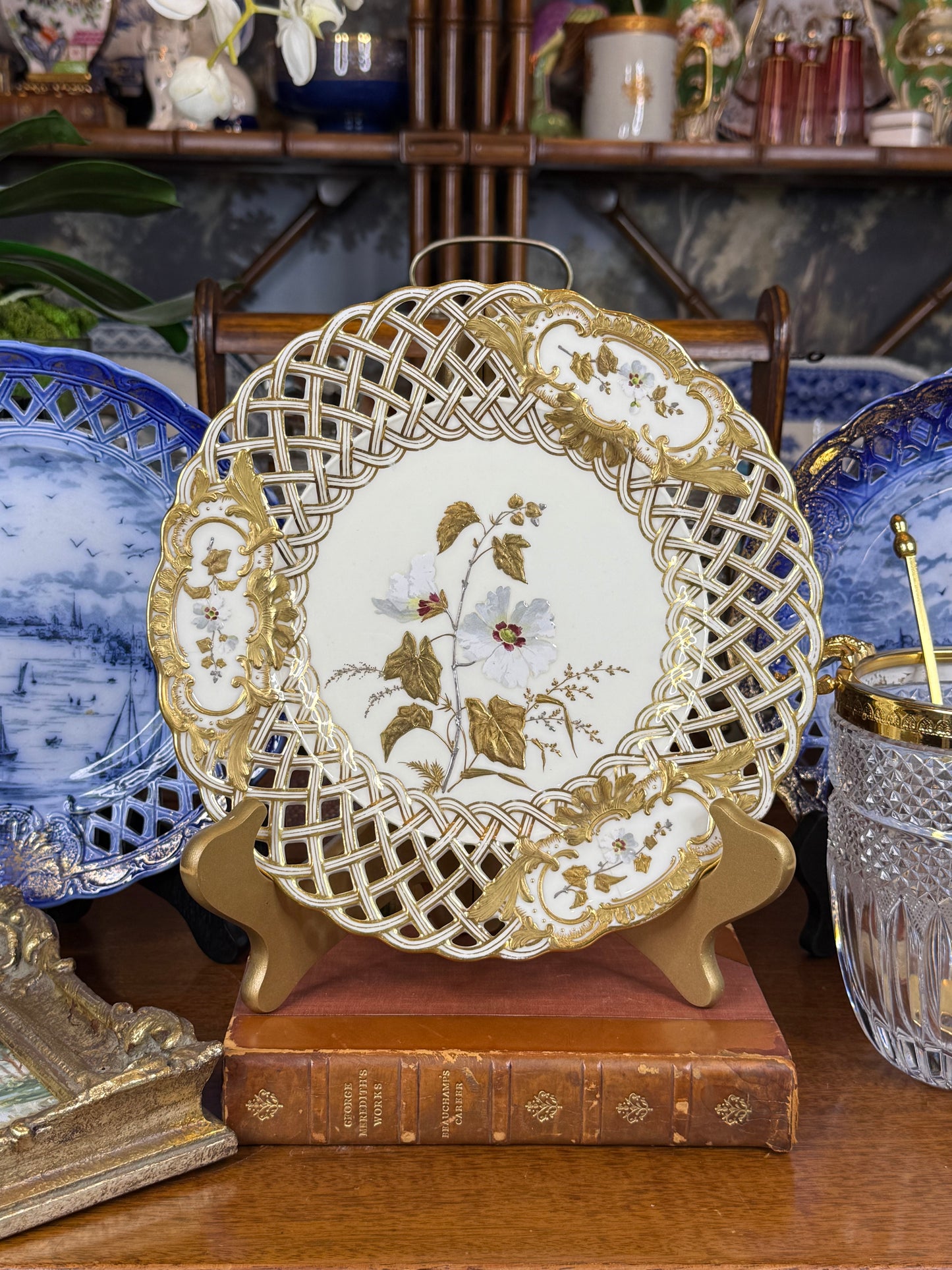 Minton for Phillips & Pearce London Pierced Floral Cabinet Plate | Gilt, White & Polychrome | Pattern G4708 | c.1880 | 9.5” D | #DA4600