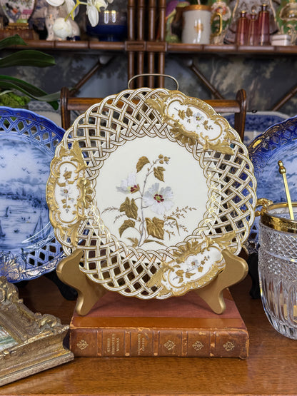 Minton for Phillips & Pearce London Pierced Floral Cabinet Plate | Gilt, White & Polychrome | Pattern G4708 | c.1880 | 9.5” D | #DA4600