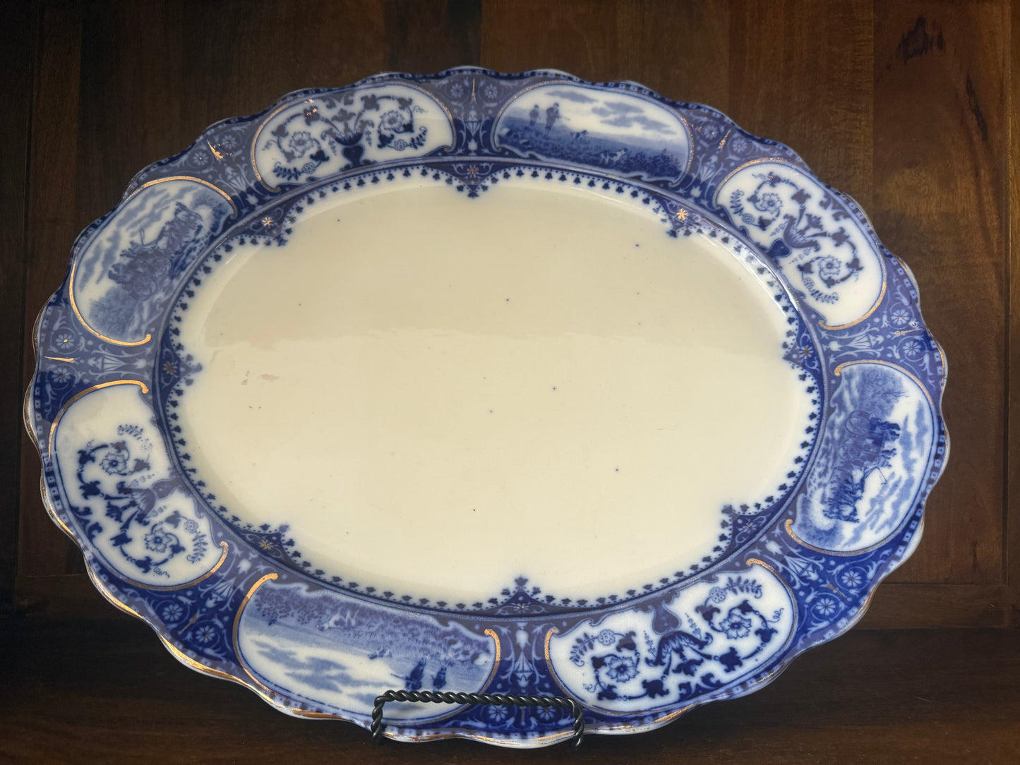 Antique English Flow Blue XL 19” Oval Transferware Platter with Hunt Scene & Floral Border –
