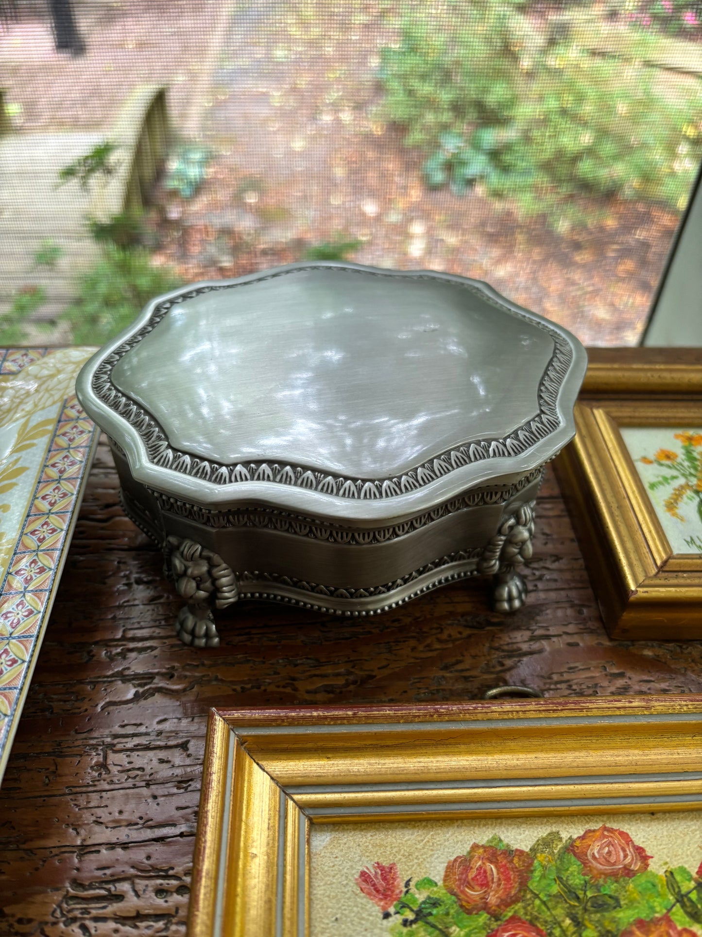 Reserved! Pewter dressser box with lion claw feet!