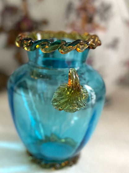 Antique Bohemian Aqua Art Glass Vase with Applied Amber Rigaree & Handles | 5”