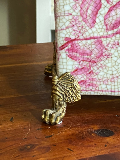 Danny's Fine Porcelain - Pink/White “Prim Rose” Bronze Footed Square Vase Planter - 8.5x6.5"