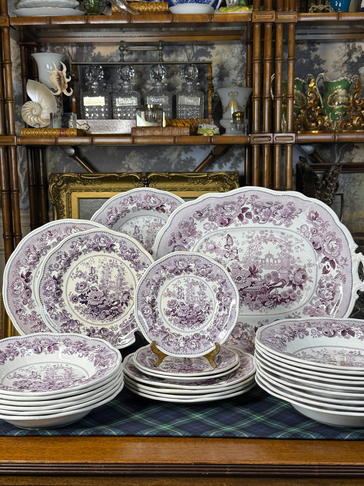 39 Pieces, Circa 1840 | Antique English Staffordshire “Canton Garden”Lavender/ Mulberry Transferware Dinner Service