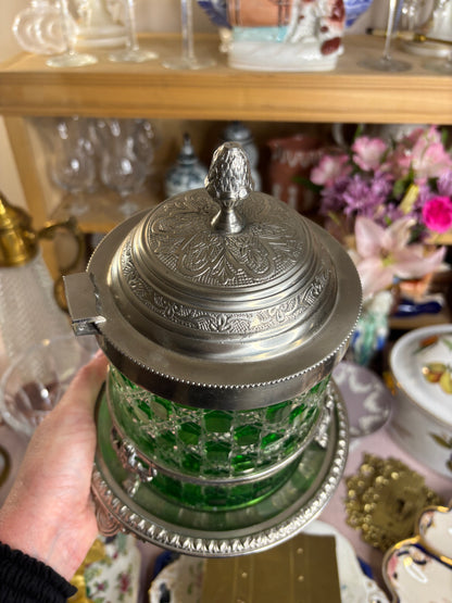 Stunning antique cut green biscuit jar with holding tray!