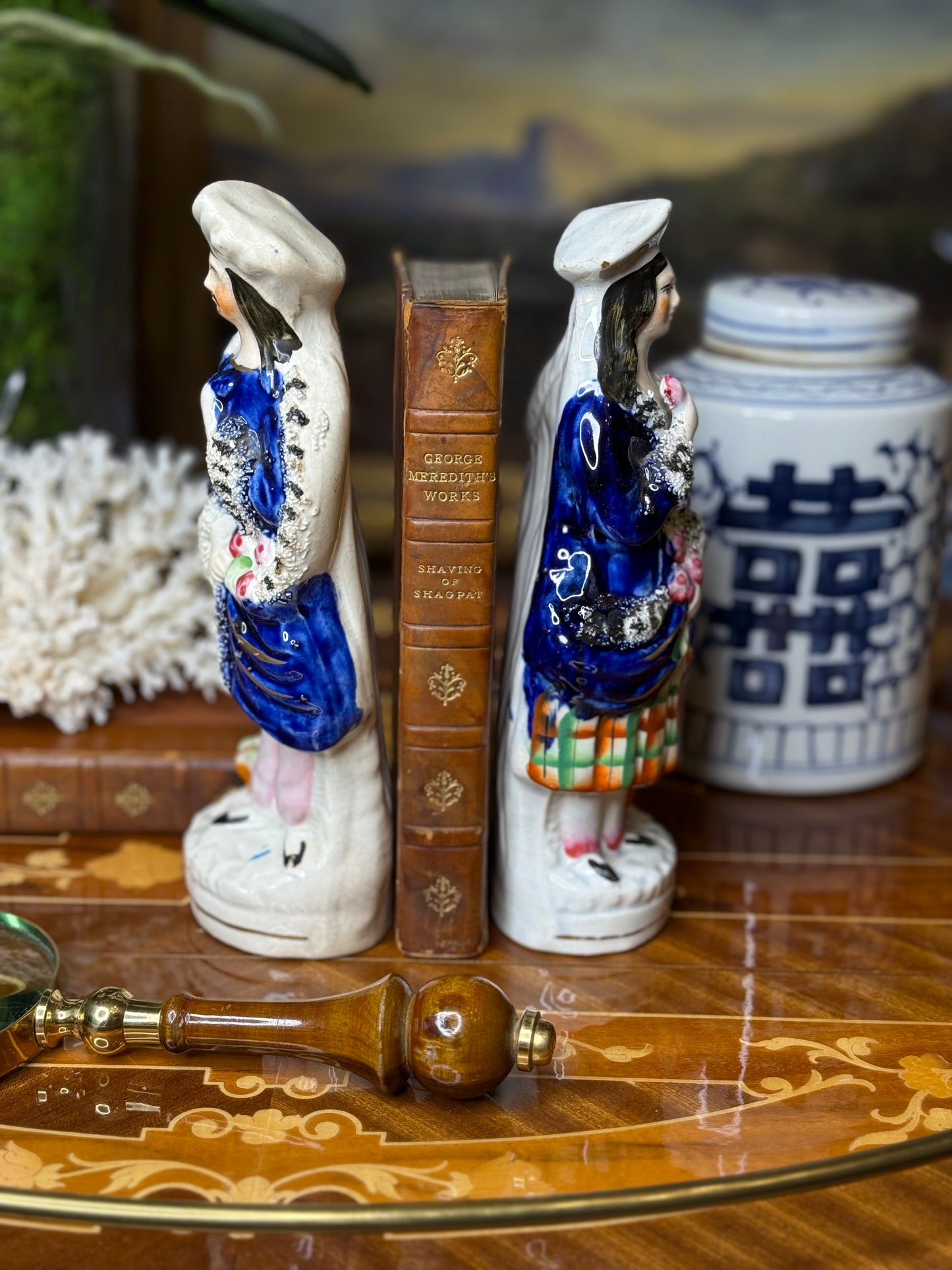 Antique Staffordshire Couple with Spaniel – Hand-Painted Figurines (c. 1860–1880), 9” Tall – Pair