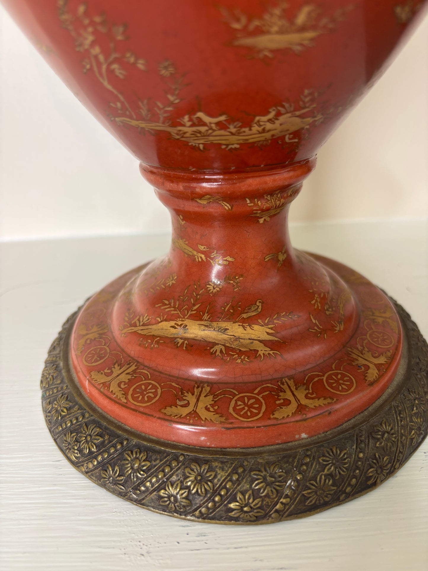 Gorgeous red and gold 18” vase with bronze ormolu handles and base!