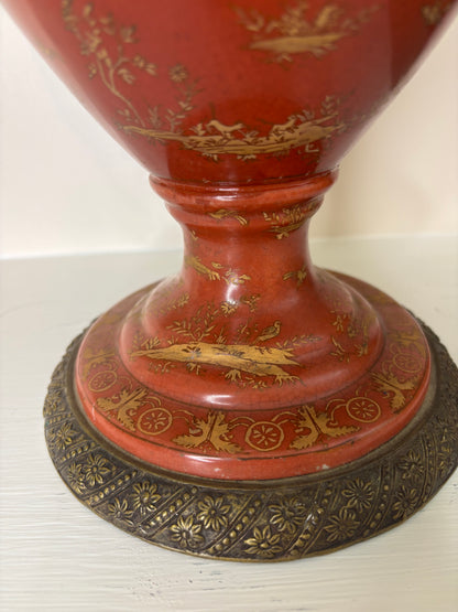 Gorgeous red and gold 18” vase with bronze ormolu handles and base!