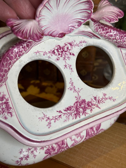 Antique French Pink Transferware Gien Faience Double Inkwell Stand with Dolphin Handles & Shell Pen Tray, c. 1875–1900, 8”W x 4”D x 5”H