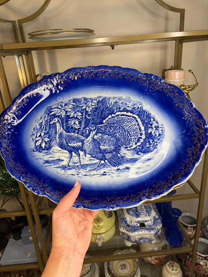 Antique flow blue turkey platter with gold details!