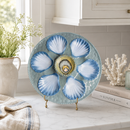 Hand painted blue tones oyster plate 9”