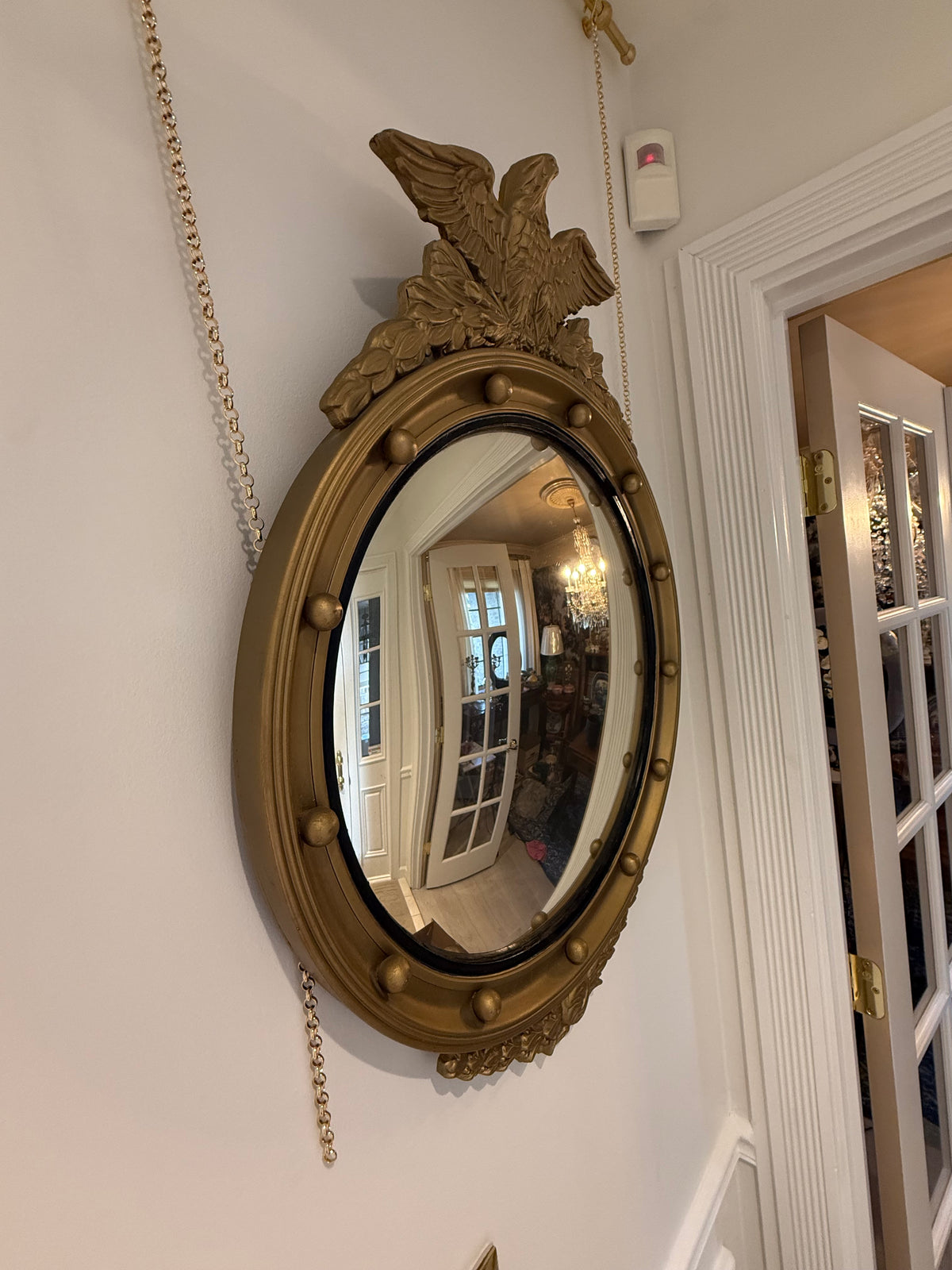 Vintage Federal Style Gilt Wood Convex Eagle Mirror | Gold Bullseye Mirror with Eagle & Laurel Crest | 28.5” H × 21.25” W