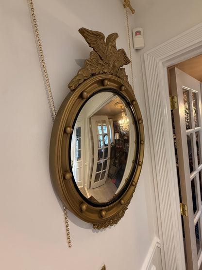 Vintage Federal Style Gilt Wood Convex Eagle Mirror | Gold Bullseye Mirror with Eagle & Laurel Crest | 28.5” H × 21.25” W