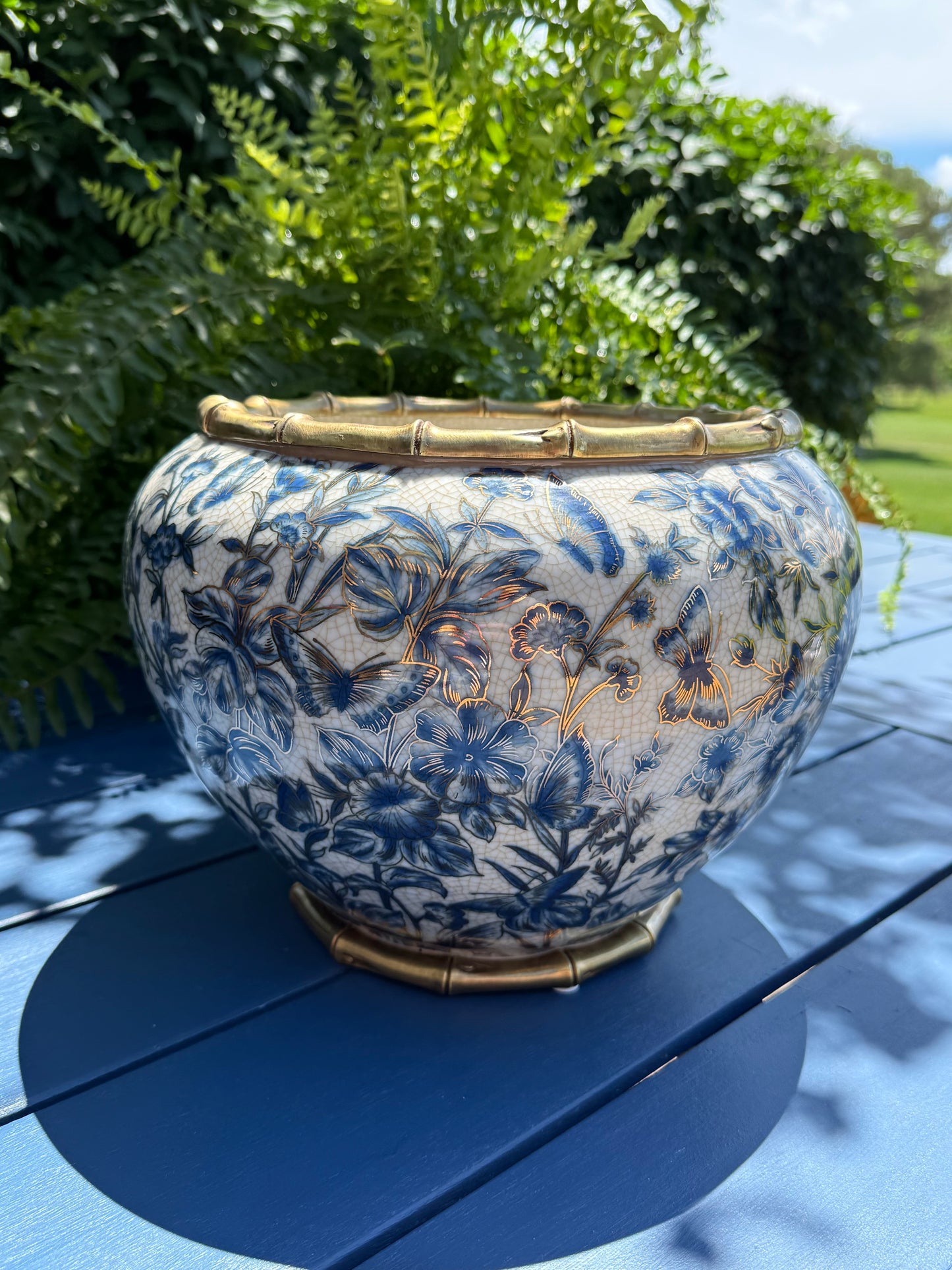 Danny’s Fine Porcelain - Midnight Garden Porcelain Floral Round Planter with Bronze Ormolu, 12"L x 12"W x 9"H