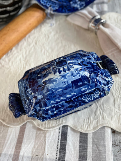Live 08/04 Rare Historical Blue “Landing of General Lafayette” Covered Sauce Dish | Transfer-Printed Interior | Impressed Clews Warranted Stamp | Circa 1825 - Estate Collection
