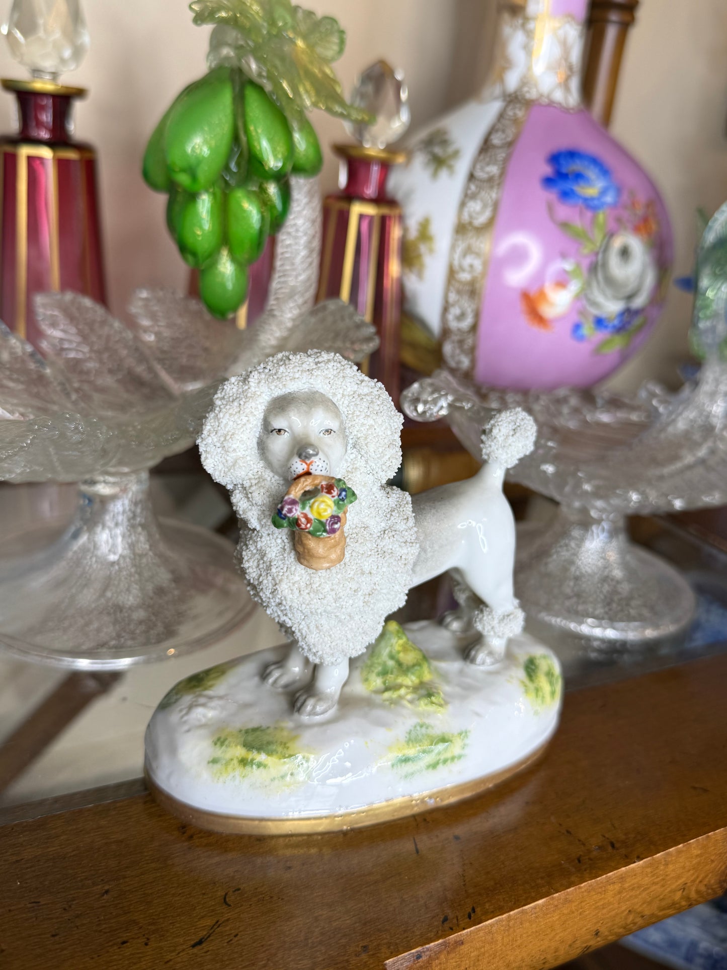 French Porcelain Poodle with Floral Basket Figurine | 5” Tall | Style DA4387