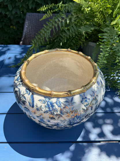 Danny’s Fine Porcelain - Midnight Garden Porcelain Floral Round Planter with Bronze Ormolu, 12"L x 12"W x 9"H