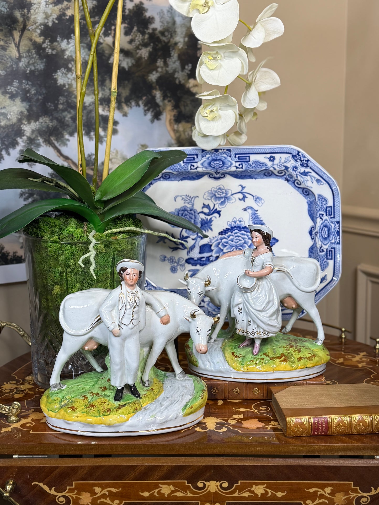 Antique Staffordshire Cow & Milkmaid Flatback Figures | Right & Left Pair | Victorian England | c.1860