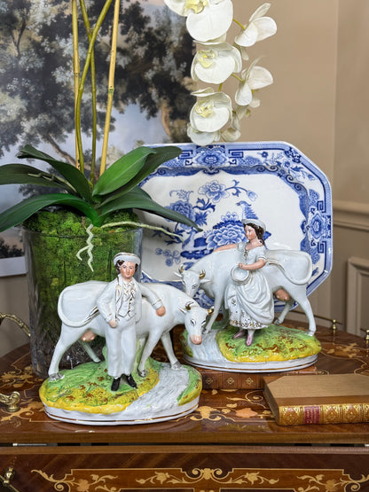 Antique Staffordshire Cow & Milkmaid Flatback Figures | Right & Left Pair | Victorian England | c.1860