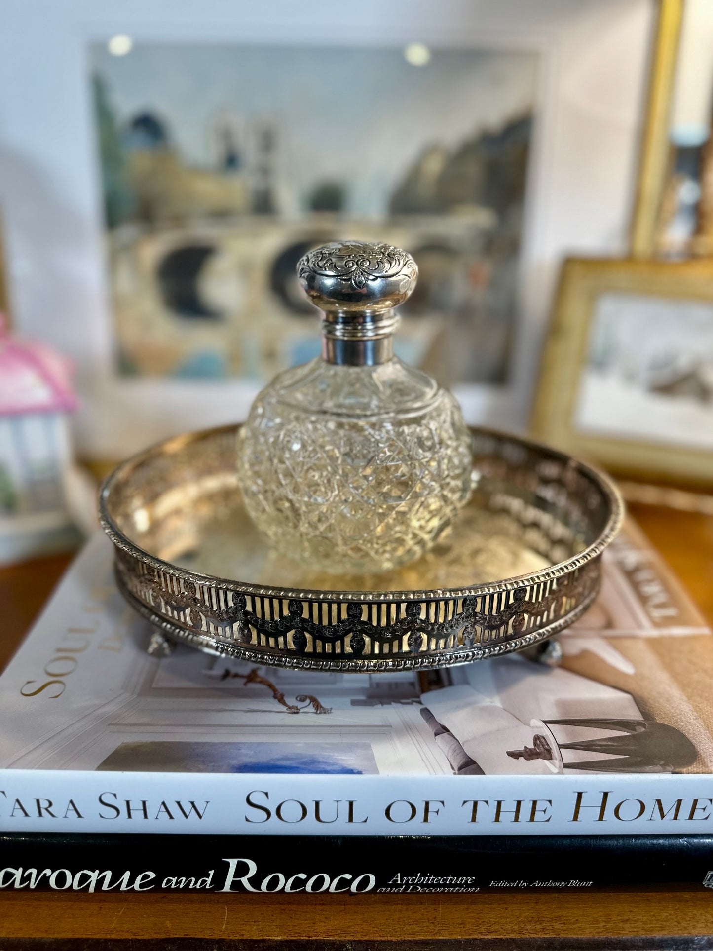 Victorian Art Nouveau Cut Crystal Perfume Bottle with Sterling Silver Repoussé Top Birmingham, England, c. 1901, 5”