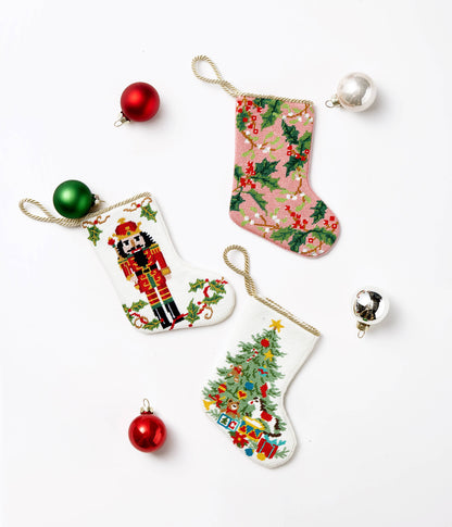 Christmas Tree Embroidered Mini Stocking | Needlepoint Style Holiday Decor | 6" x 4.25"