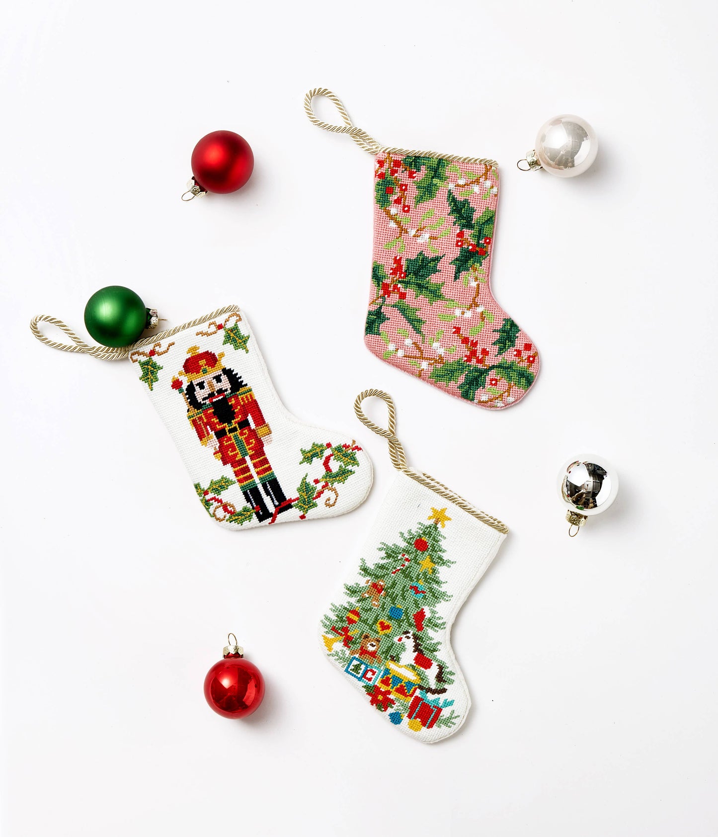 Holly Embroidered Mini Christmas Stocking | Needlepoint Style Holiday Decor | 6" x 4.25"