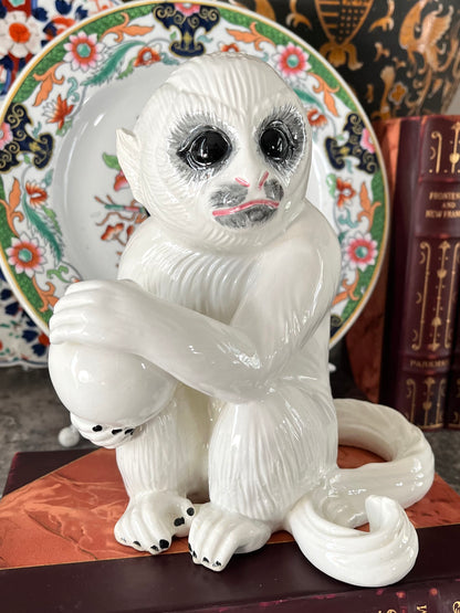 Signed Italian Capuchin Monkey Ceramic Figurine Holding Orb | Mid 20th Century