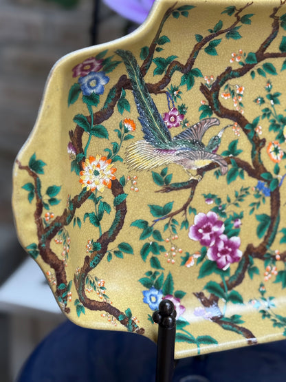 Danny’s Fine Porcelain - Yellow Hand-Painted Chinoiserie Porcelain Tray with Birds & Blossoms