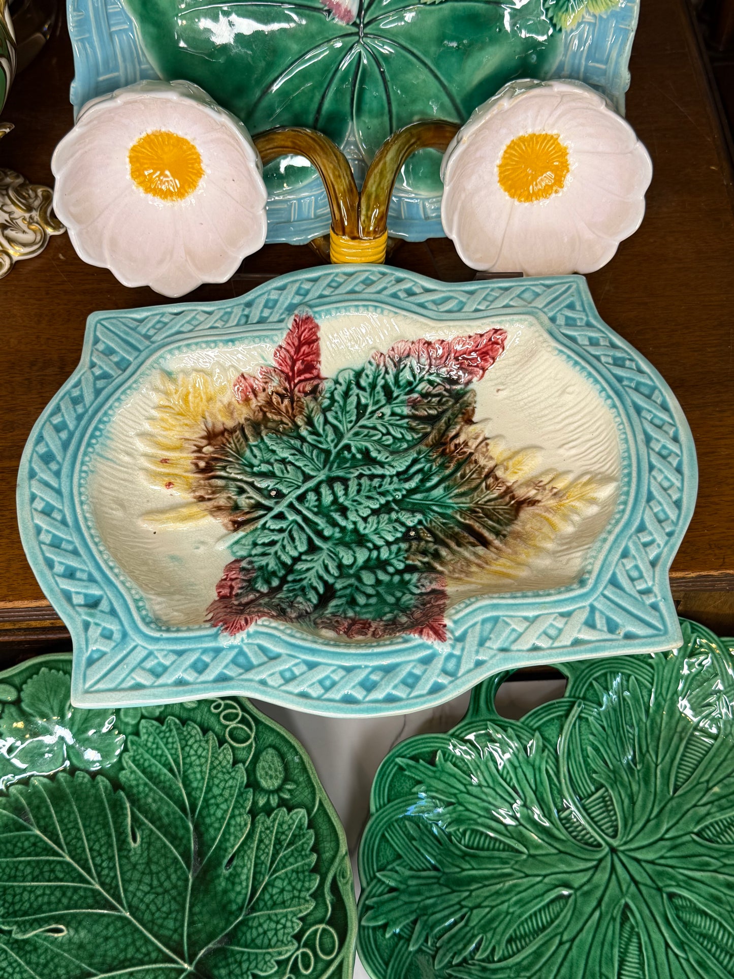 Antique French Majolica Fern & Leaf Serving Platter | Turquoise Basketweave Border | Victorian Faience | DA4528