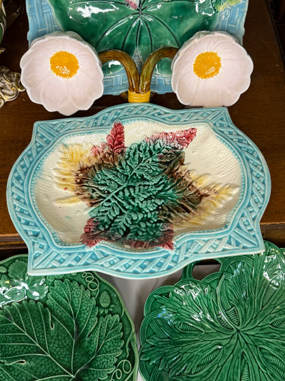 Antique French Majolica Fern & Leaf Serving Platter | Turquoise Basketweave Border | Victorian Faience | DA4528