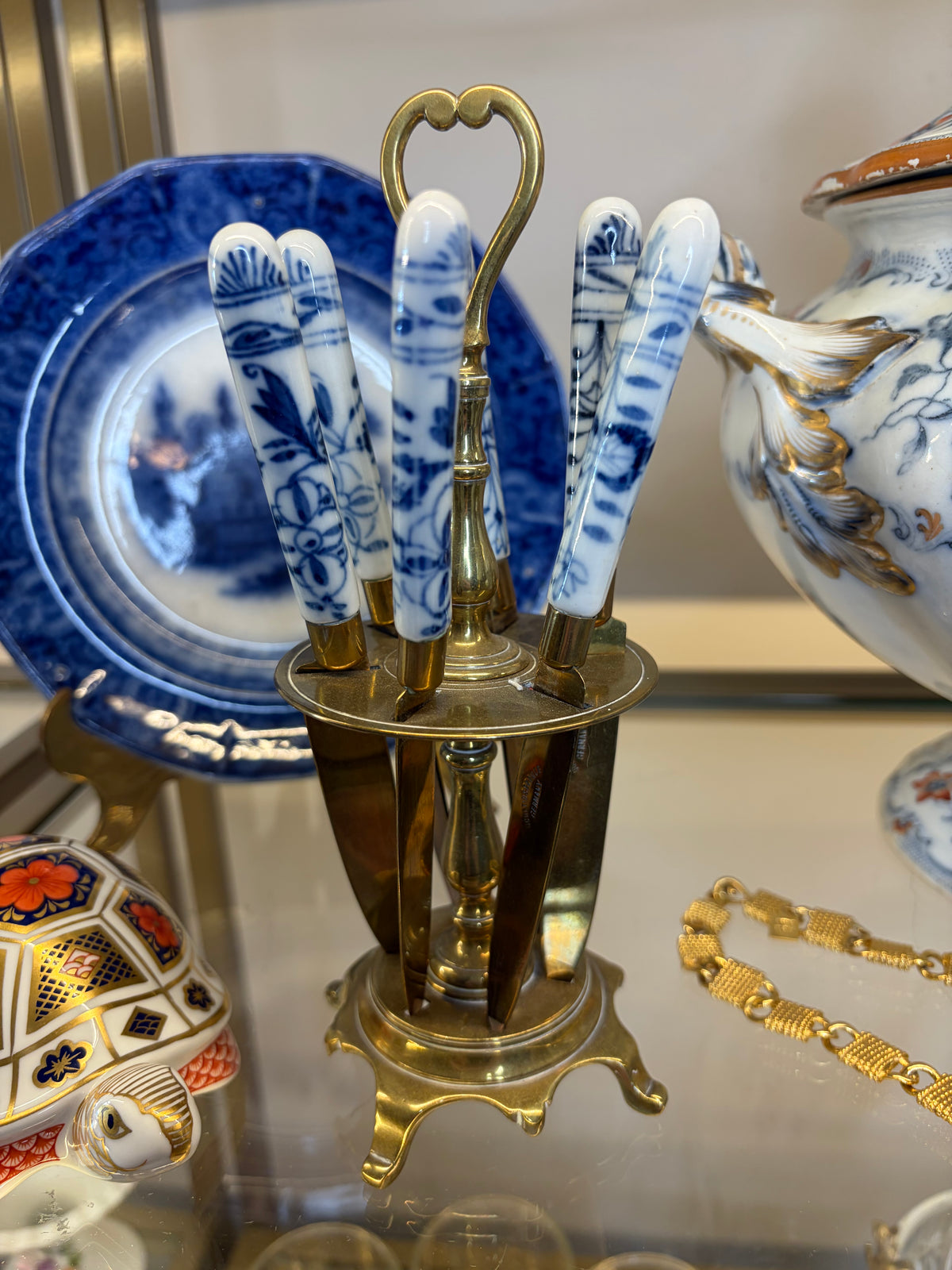 Beautiful antique German fruit/dessert knife set featuring blue and white "Blue Onion" style porcelain handles in a matching caddy holder!
