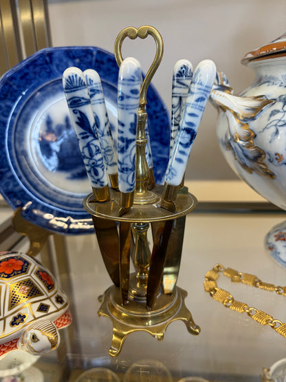 Beautiful antique German fruit/dessert knife set featuring blue and white "Blue Onion" style porcelain handles in a matching caddy holder!