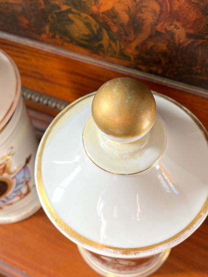Pair of Antique French Porcelain Apothecary Jars with Portrait Medallions