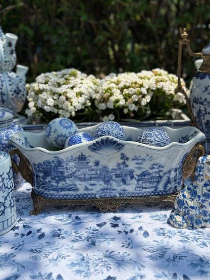 Danny's Fine Porcelain - Bronze Swan Handled Blue & White Oblong Planter - 17Lx6.5Wx6.5H