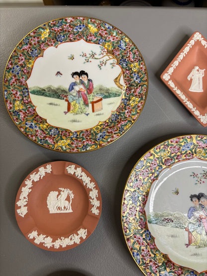 Beautiful instant plate wall! Includes 3 Famille Rose plates and 6 Wedgwood terra cotta dishes!