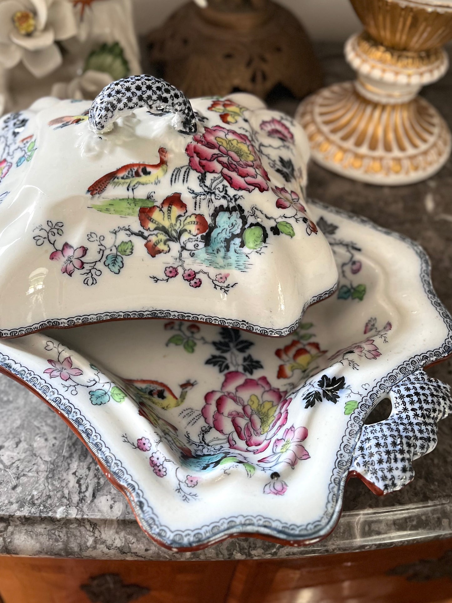 Live 07/28 Stunning Early Ashworth Bros Lidded Vegetable Dish - Footed With Florals/Birds/Contrasting Handles And Trim - Original Ribbon Mark 1860’s