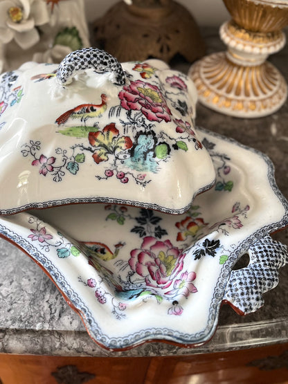 Live 07/28 Stunning Early Ashworth Bros Lidded Vegetable Dish - Footed With Florals/Birds/Contrasting Handles And Trim - Original Ribbon Mark 1860’s