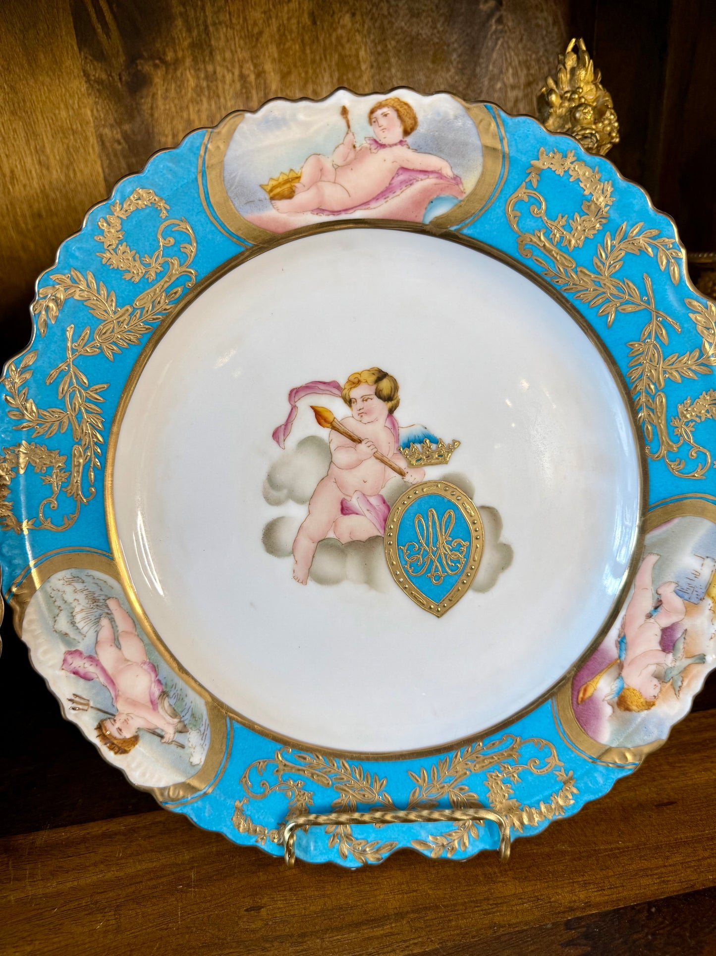 Gorgeous Pair of Cherub 11” Charger Hand Painted Gilt Charger Plates