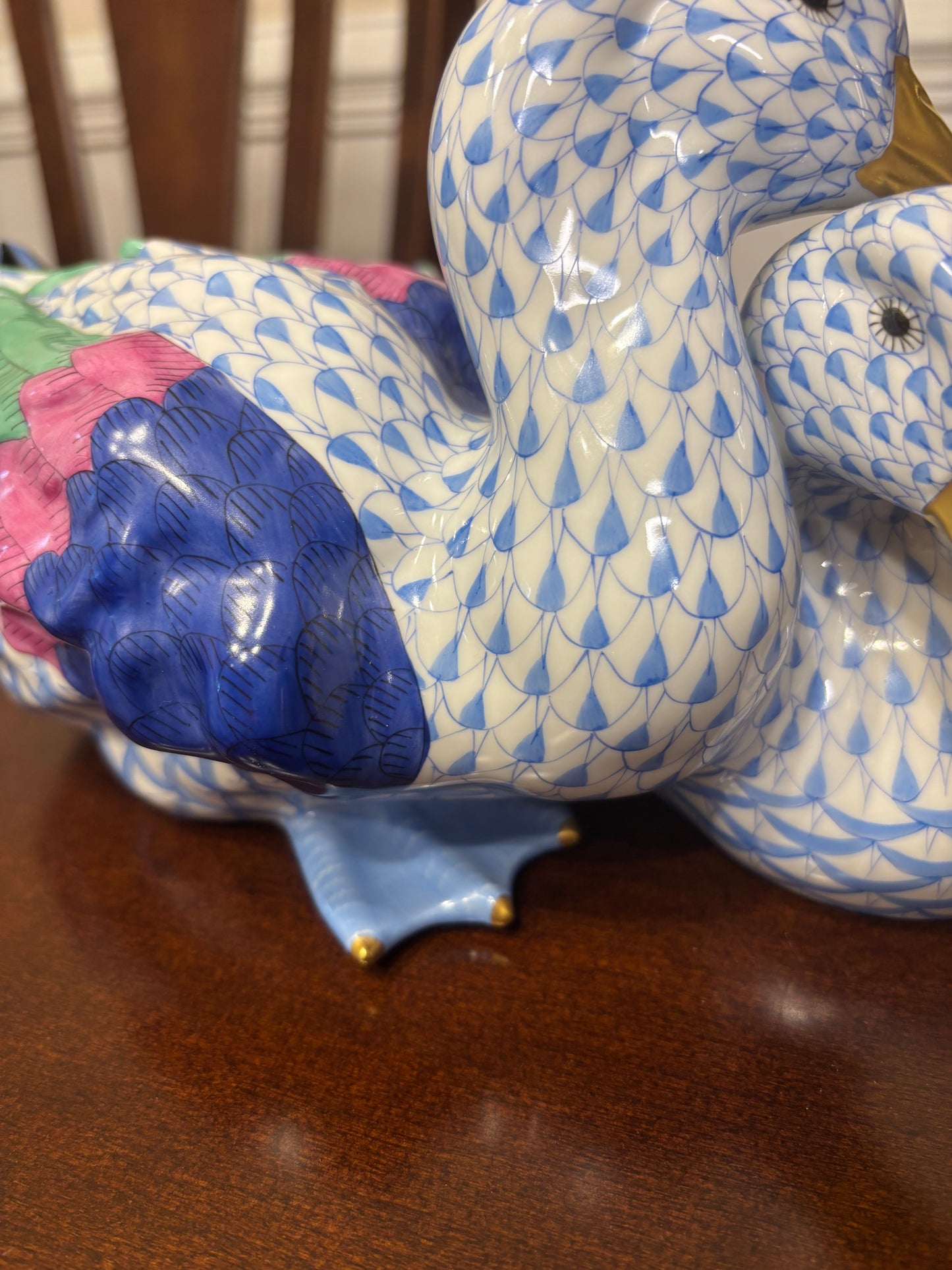 Stunning Herend Loving Ducks in blue and white fishnet with gold and vibrant colors!