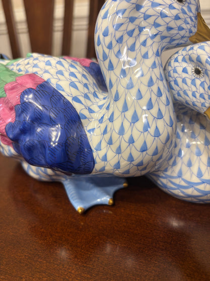 Stunning Herend Loving Ducks in blue and white fishnet with gold and vibrant colors!