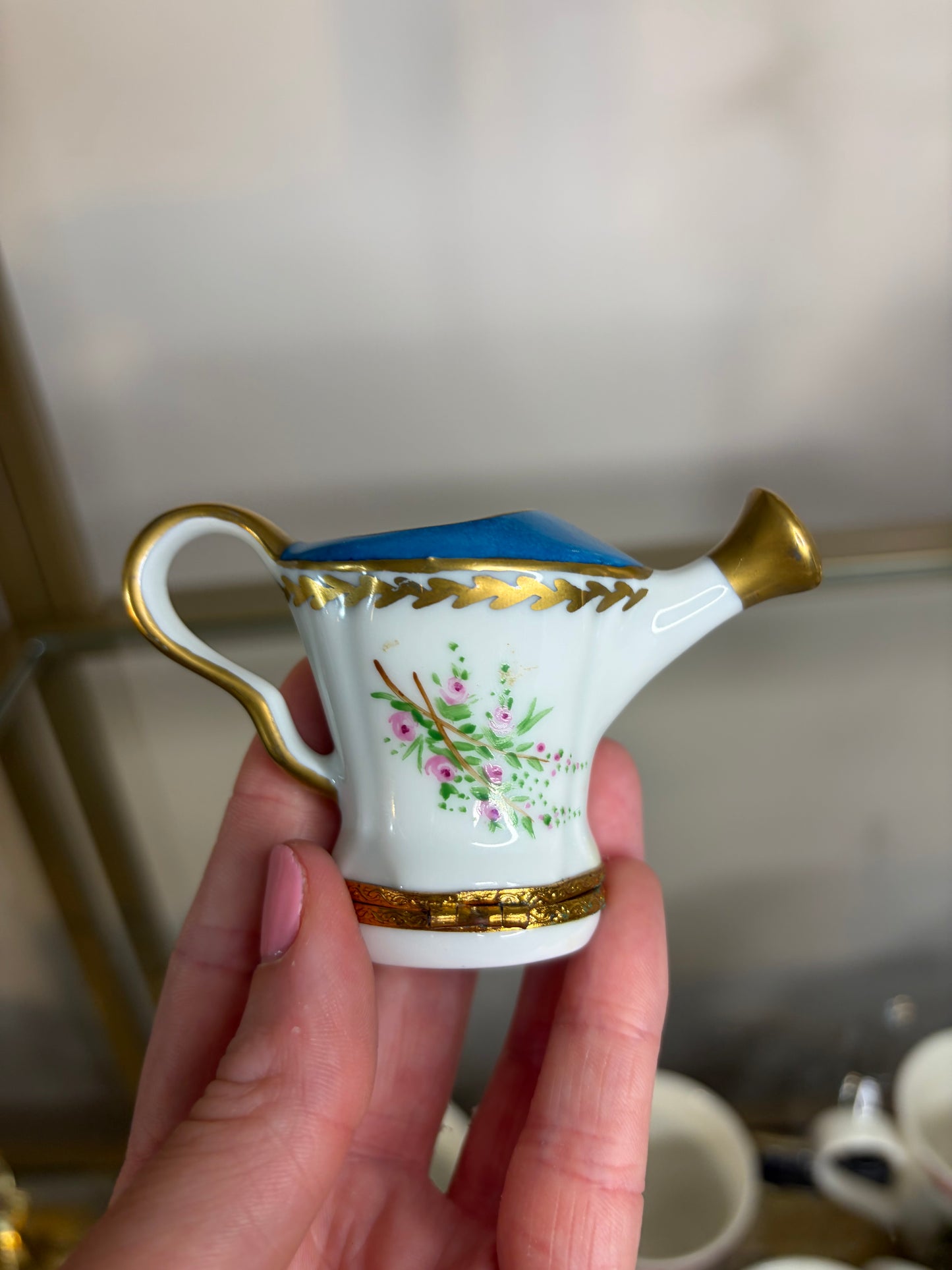 Sweetest handpainted Limoges porcelain watering can trinket box featuring a delicate bird and floral design!