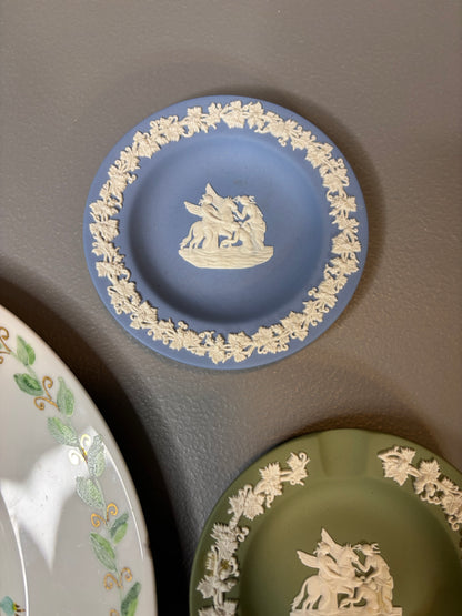 Instant plate wall! Features a handpainted floral plate signed and 3 Wedgwood trinket dishes!