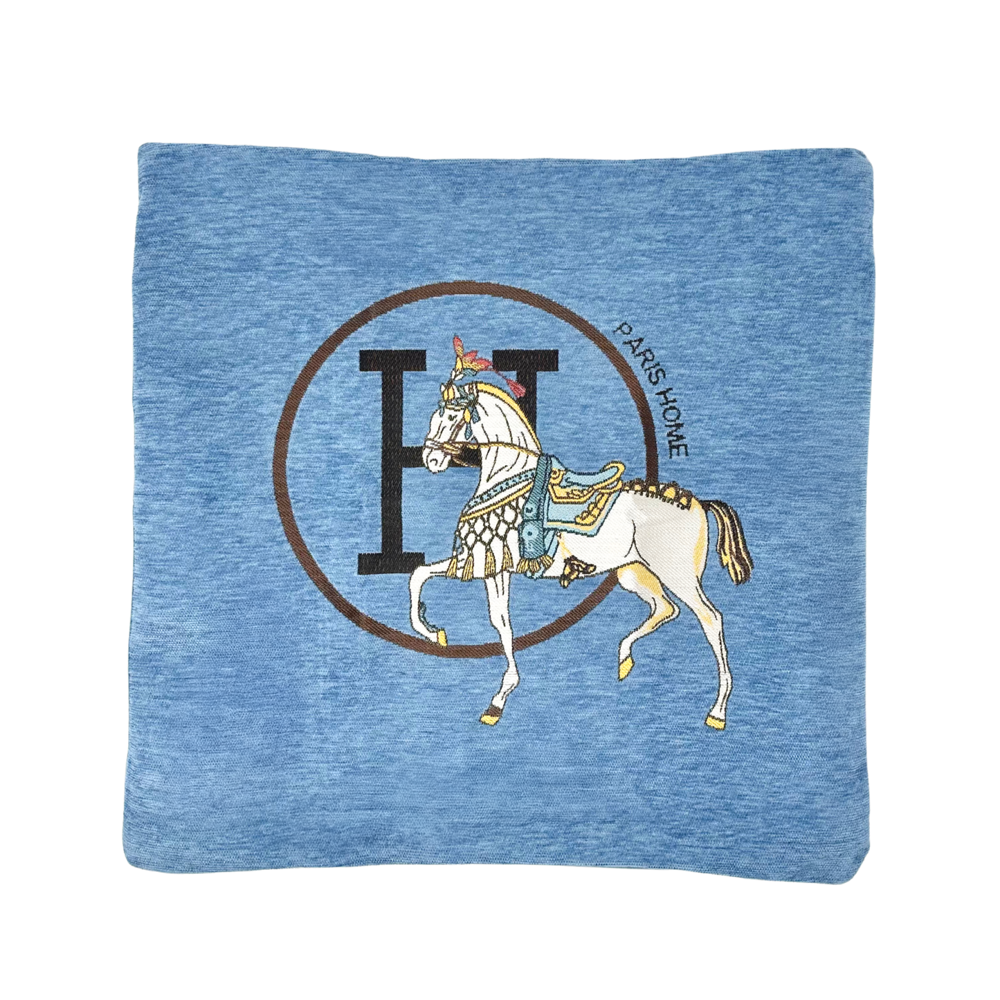 Luxury Equestrian “H” Square Horse Pillow W/ Down Insert – Blue, 18x18”