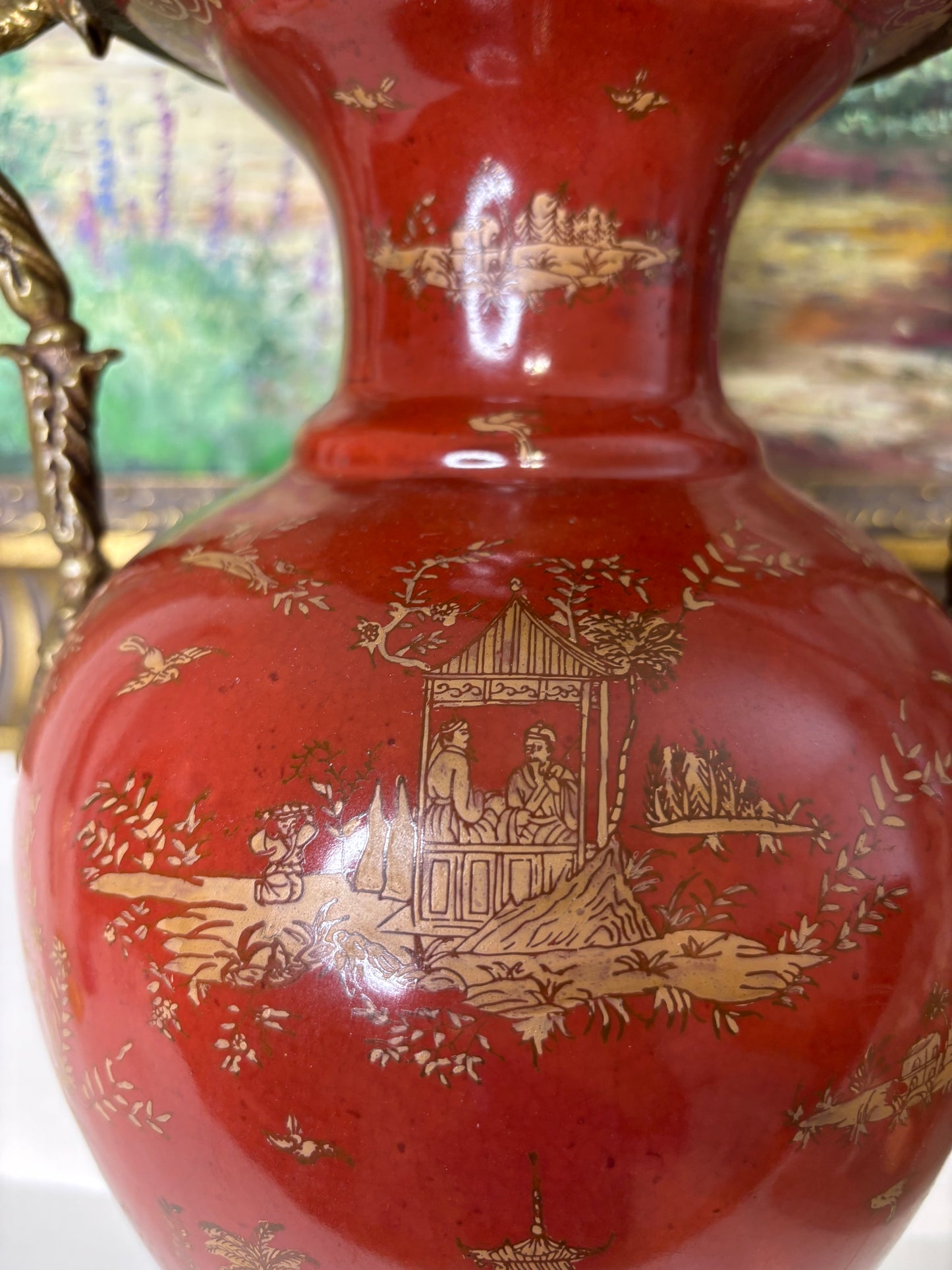 Gorgeous red and gold 18” vase with bronze ormolu handles and base!