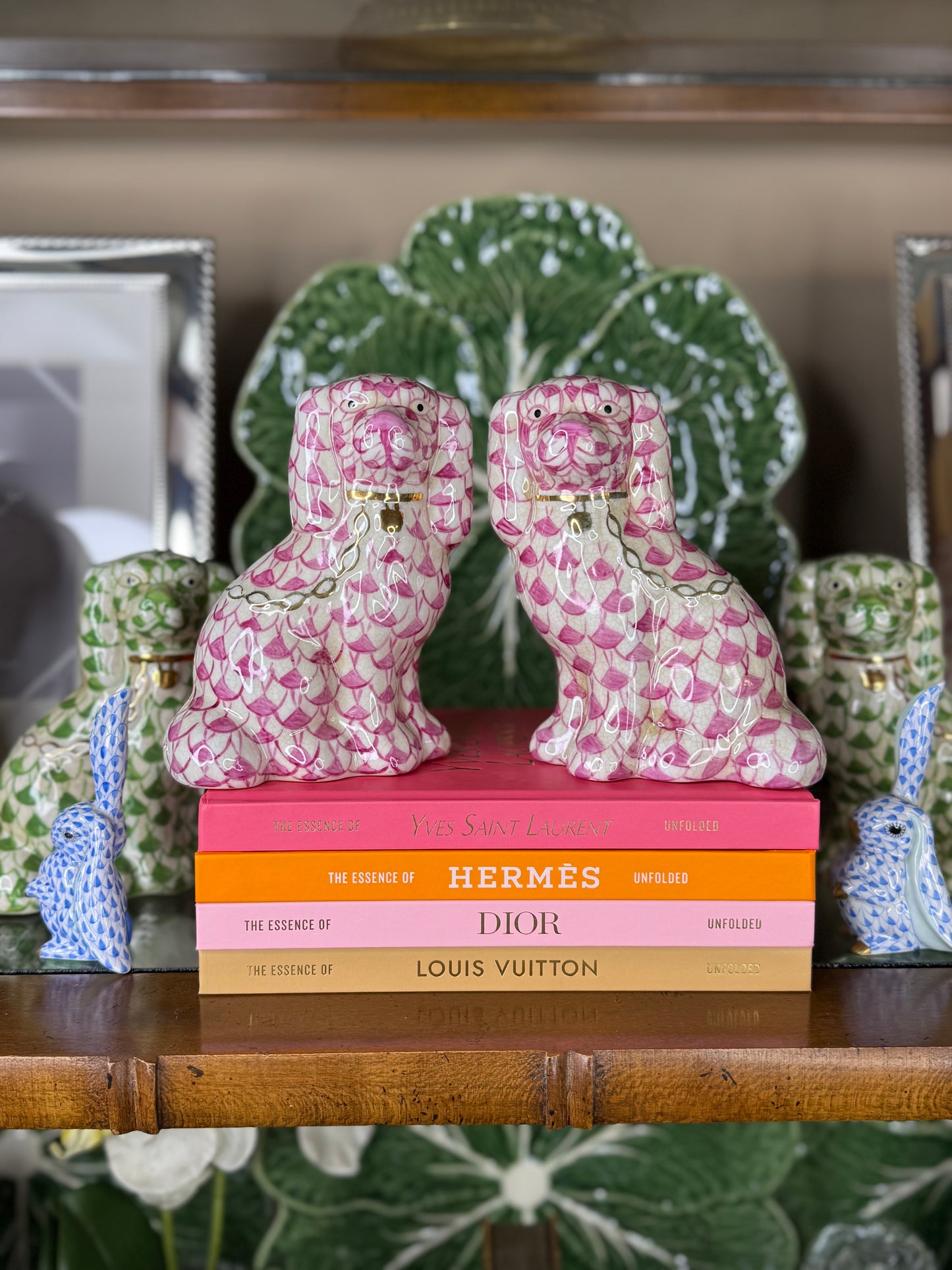 Danny’s Fine Porcelain | Fishnet Pink Spaniel Dog Figure Pair W/ Gold Accent (5.5”H X 9Lx2W)