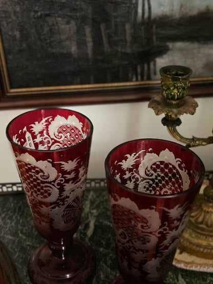 19th Century Continental Ruby Red Cut-to-Clear Lidded Goblets with Landscape Etching, Pair in perfect condition