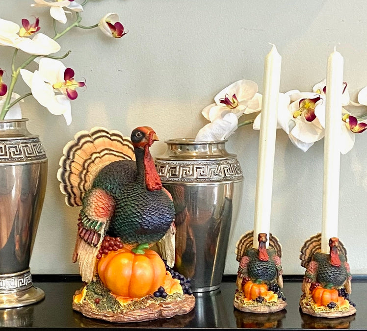 This Vintage Thanksgiving decor set: centerpiece and matching candlesticks